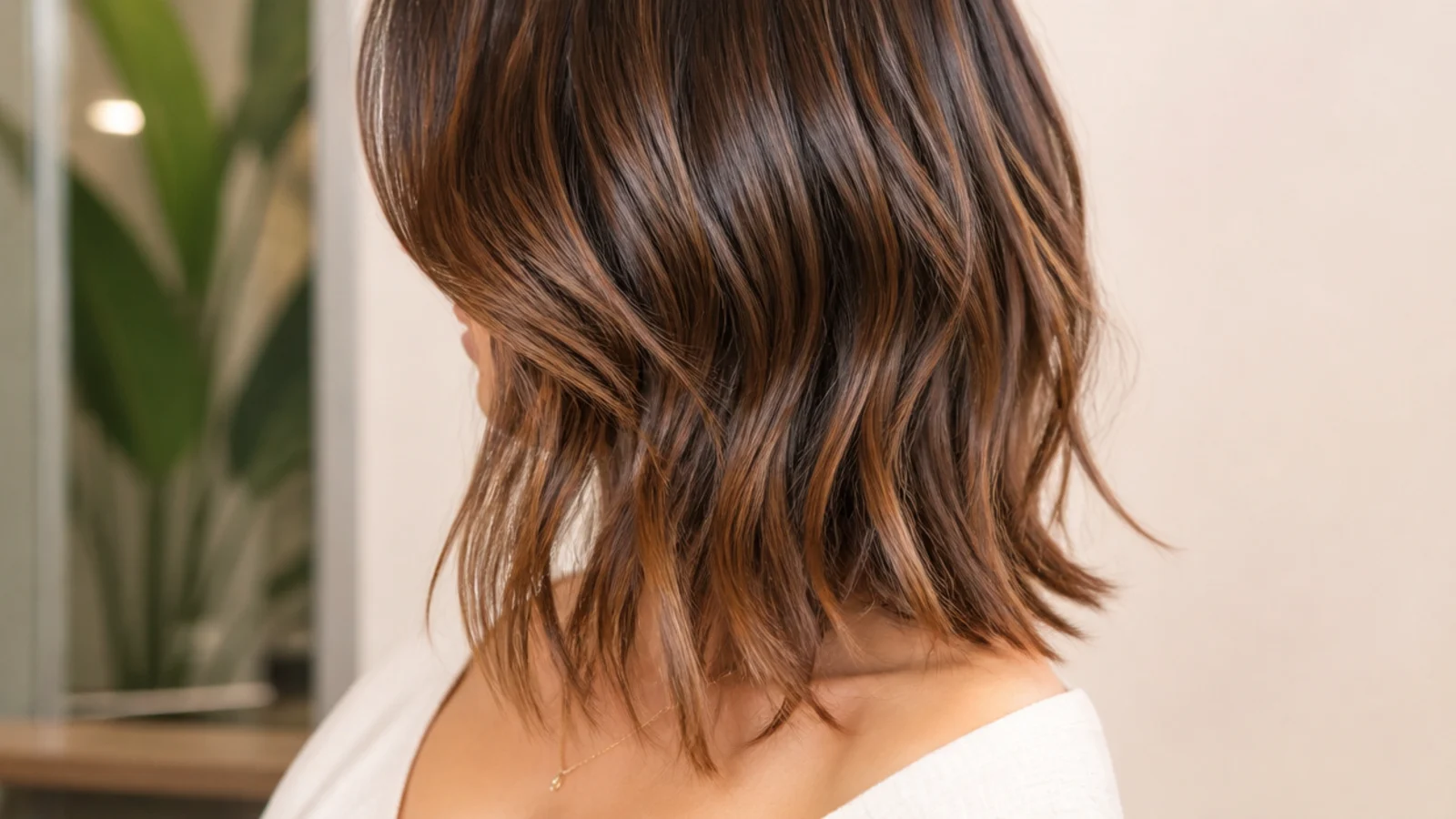 Mid length haircut with bottleneck bangs narrow at the brow and flaring out at the cheekbones