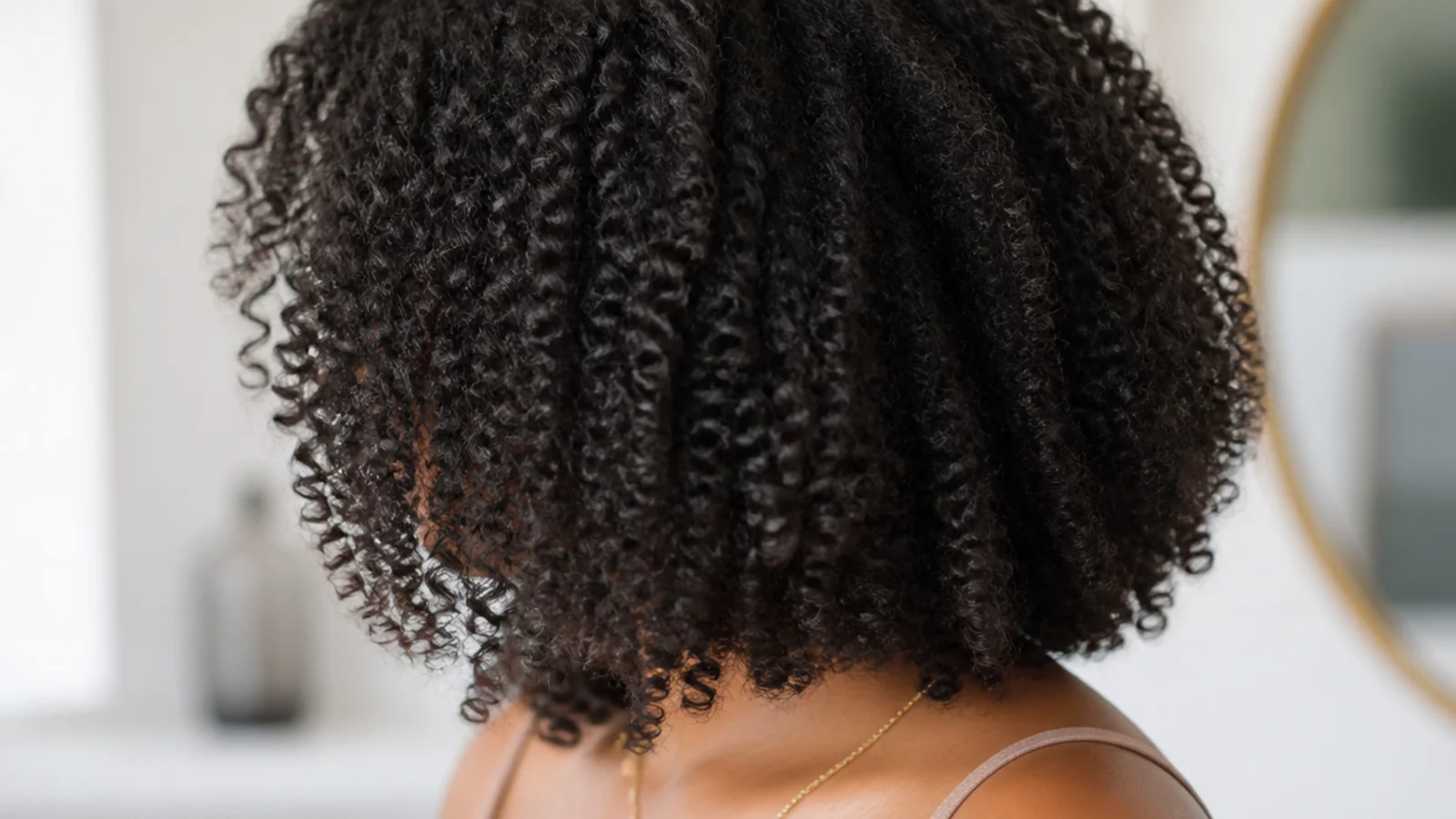 Mid length haircut on 4A coils with a rounded silhouette shaped dry in a stretched state
