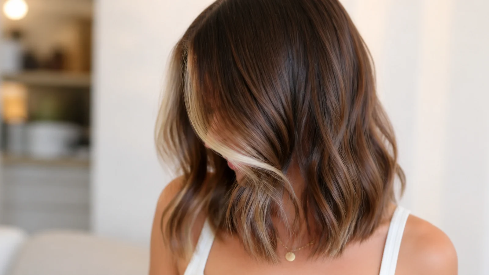 Mid length haircut with a lightened money piece framing both sides of the center part