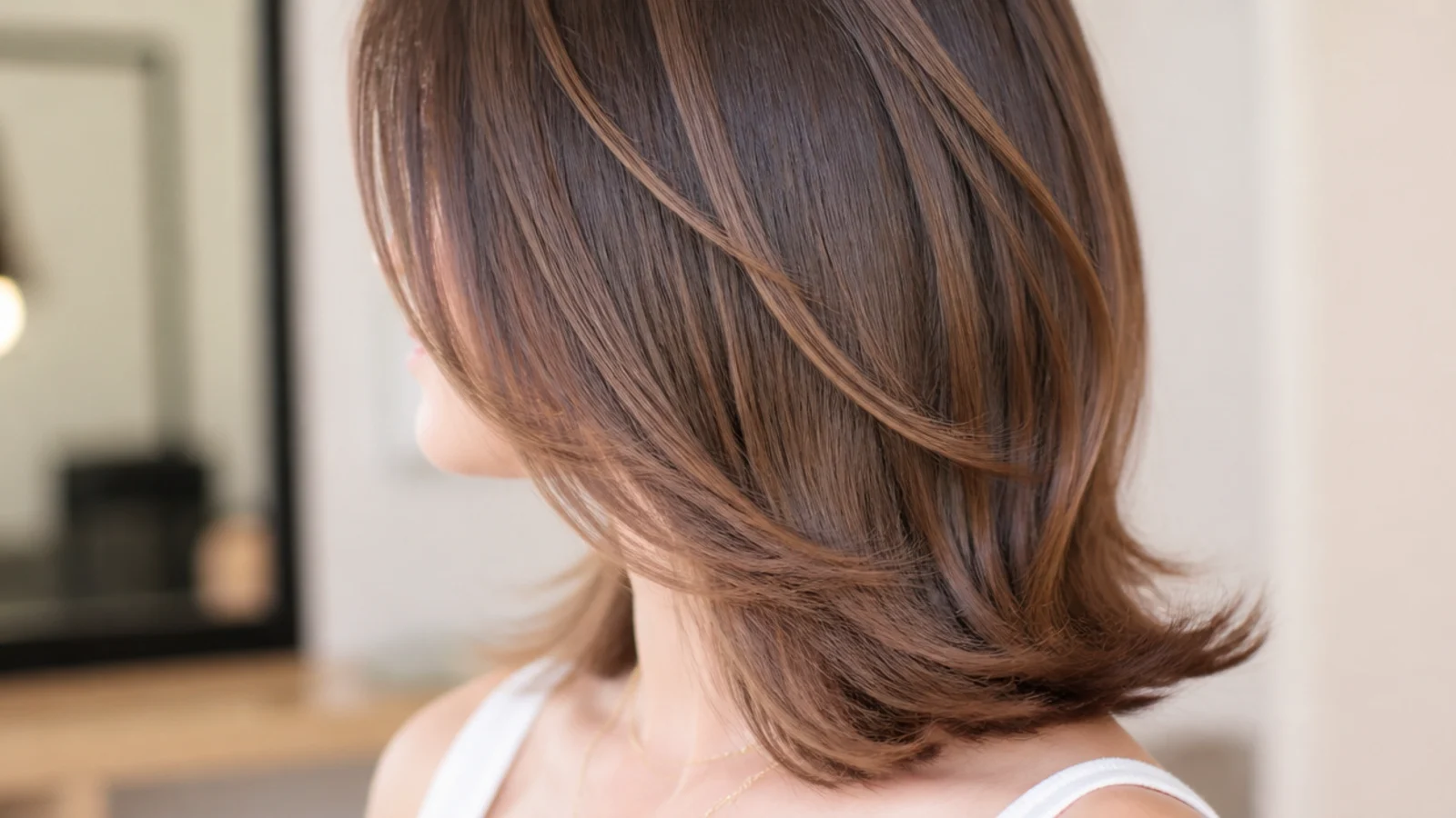 Shoulder-grazing mid length haircut with the ends flicked outward in a soft 1990s curve