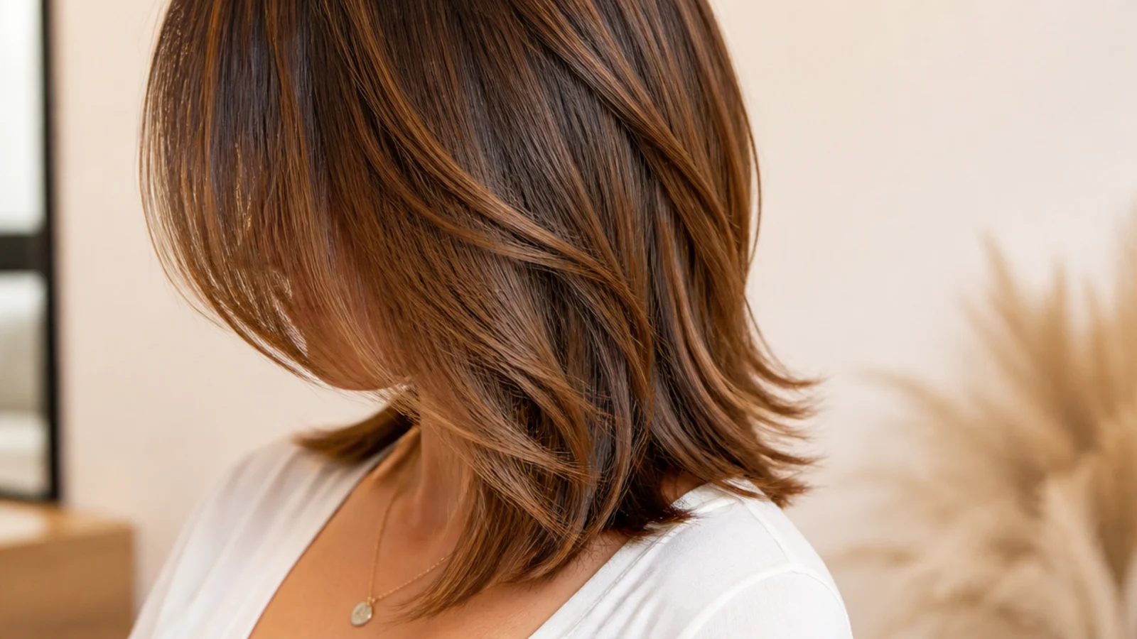 Mid length haircut for a round face with face-framing layers starting below the chin