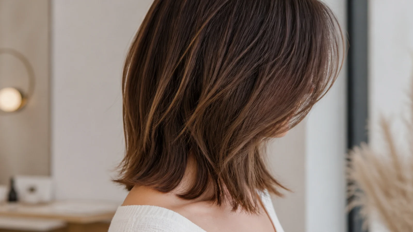 Collarbone length mid length haircut with side-swept bangs shortening a long face shape