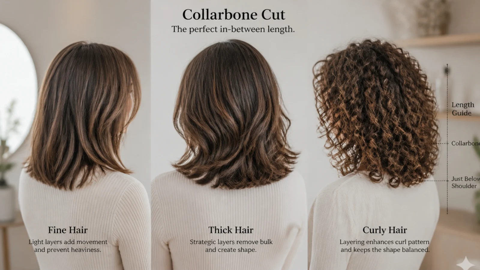 Mid length haircut compared on fine, thick and curly hair types at collarbone length