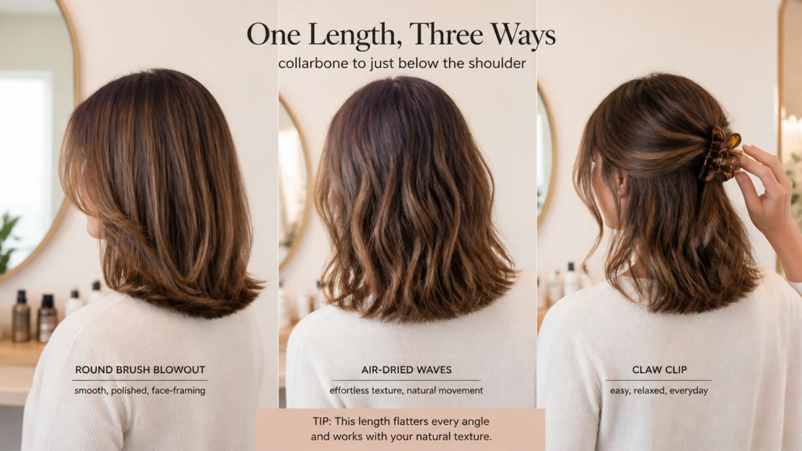 Mid length haircut styled three ways with a round brush blowout, air-dried waves and a claw clip