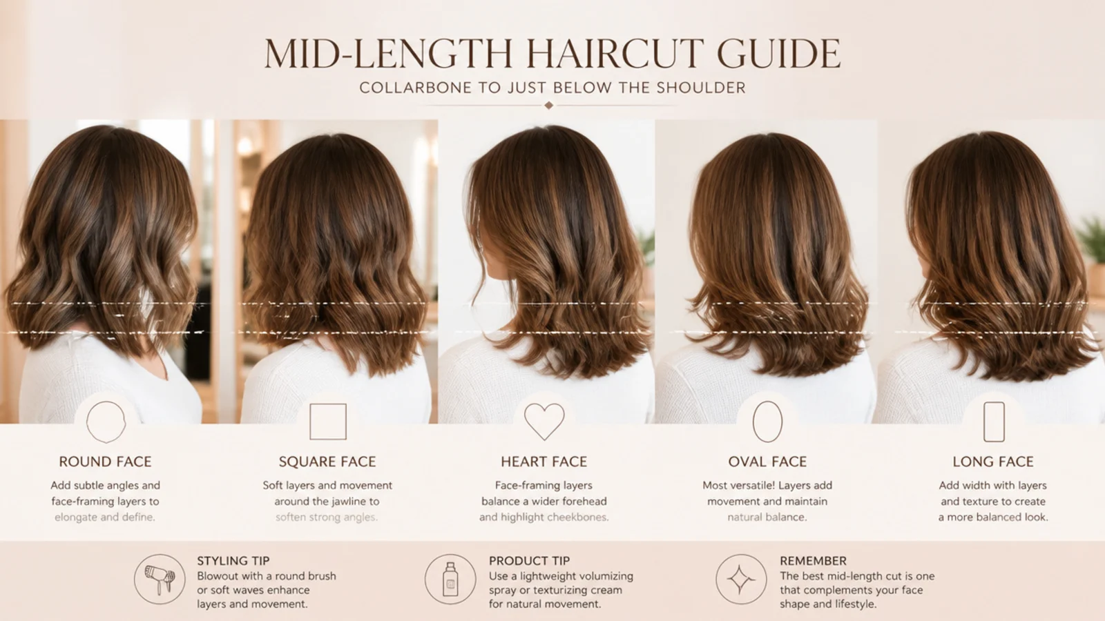 Mid length haircut face shape guide comparing round, square, heart, oval and long face options