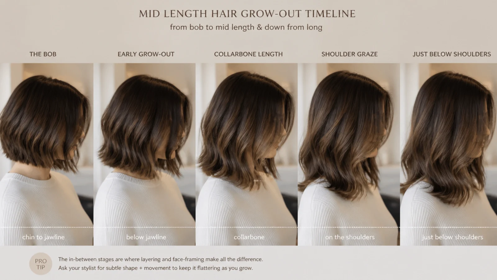 Mid length haircut grow-out timeline from a bob up to mid length and down from long hair