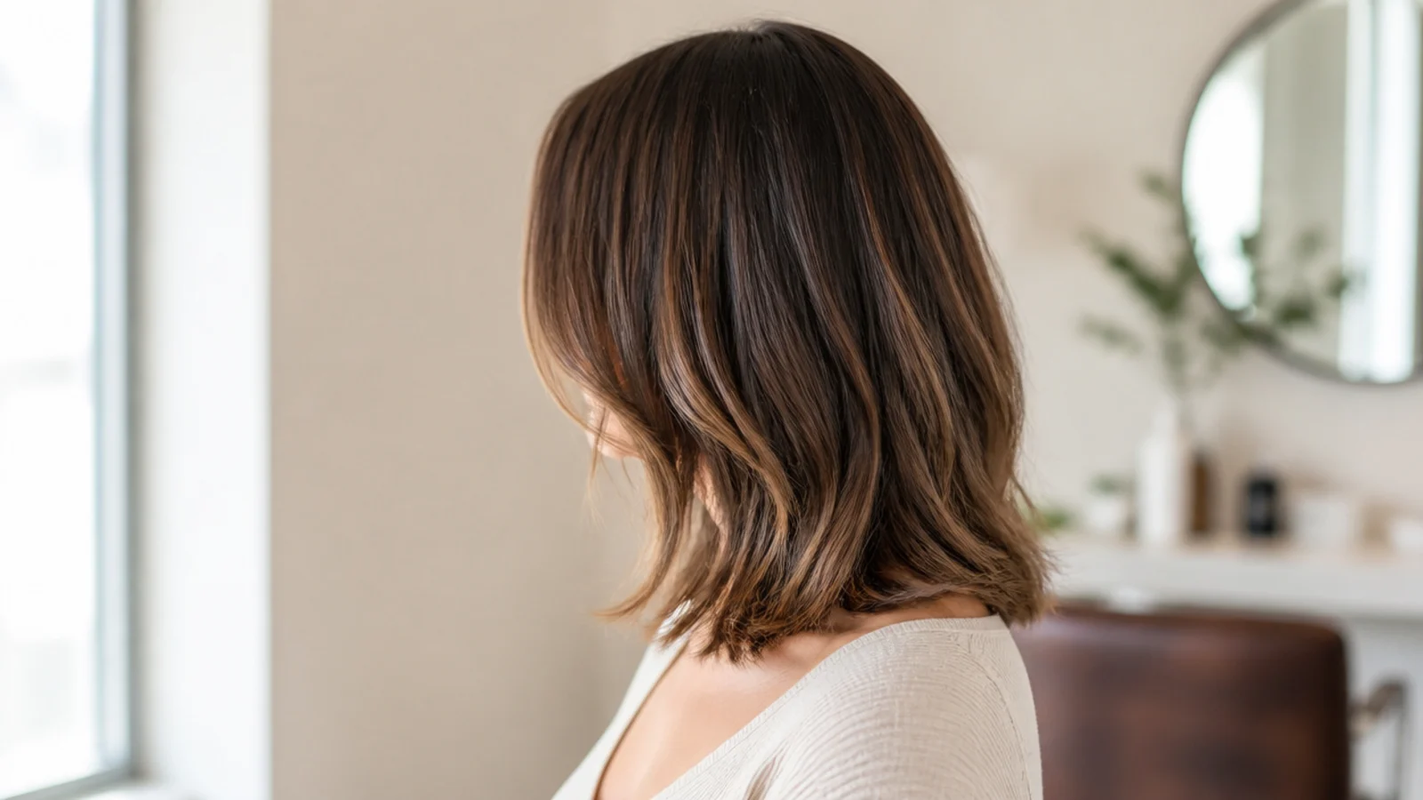 Woman with a collarbone length mid length haircut with long invisible layers and jaw-start face framing