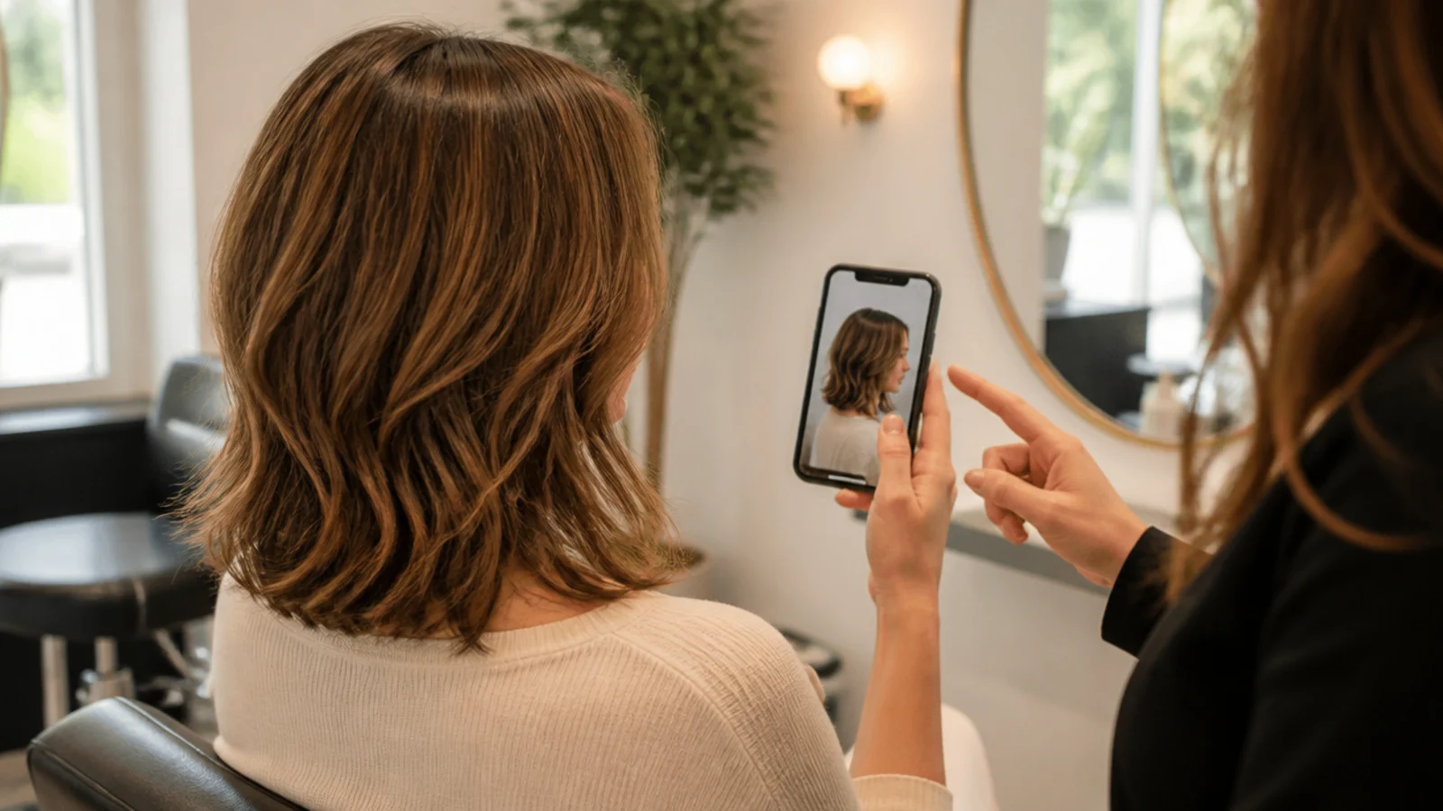Woman showing a stylist a mid length haircut reference photo on her phone at the salon chair