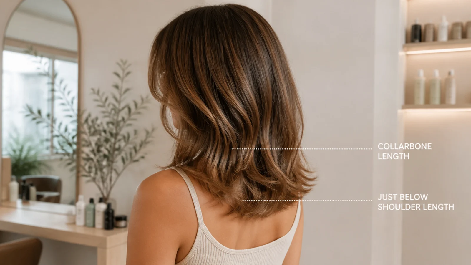 Mid length haircut length guide showing collarbone and just below shoulder landmarks on a figure