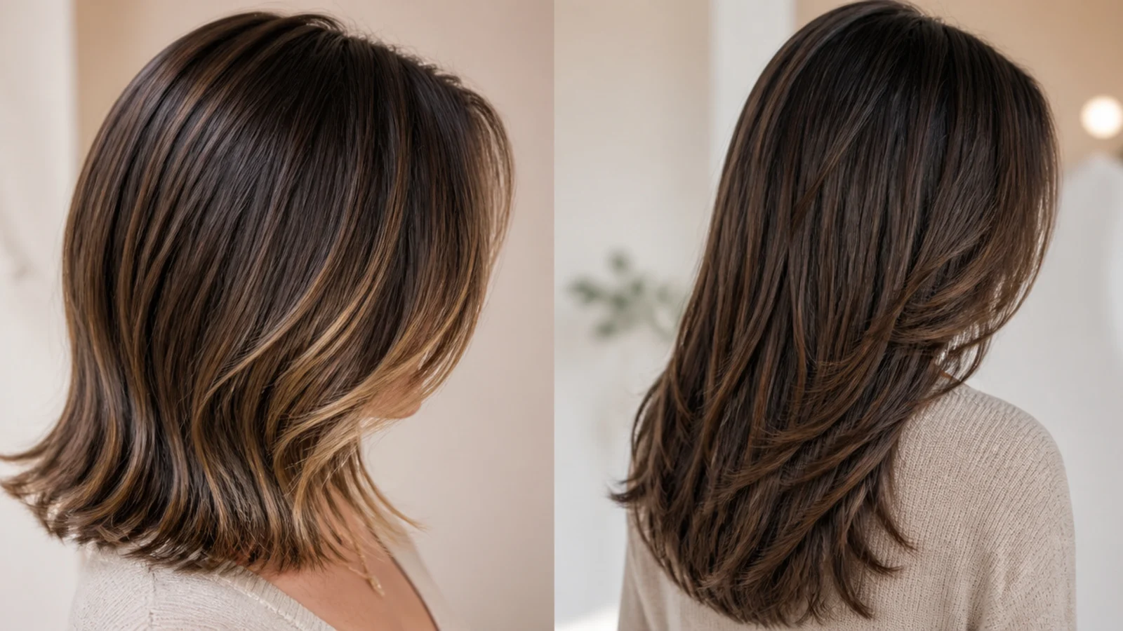 Thick coarse hair compared at just below shoulder mid length and mid back long length