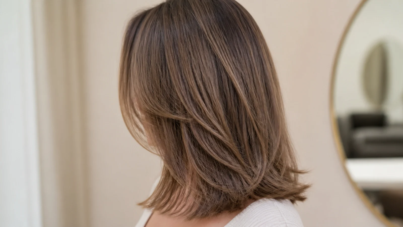 Round face compared with shoulder grazing mid length haircut and mid back long layers
