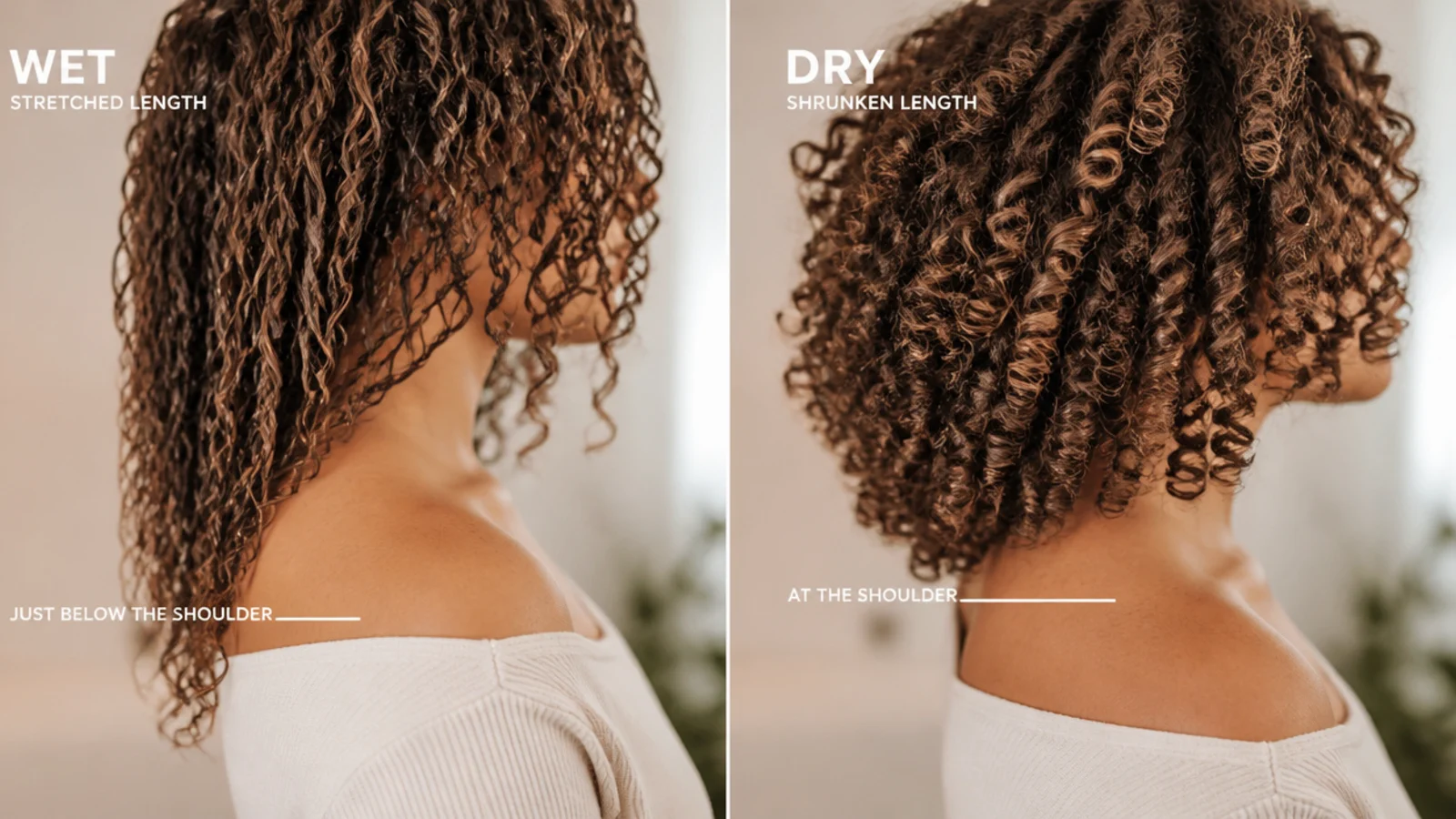 Curly hair compared wet and dry at mid length and long length showing shrinkage difference