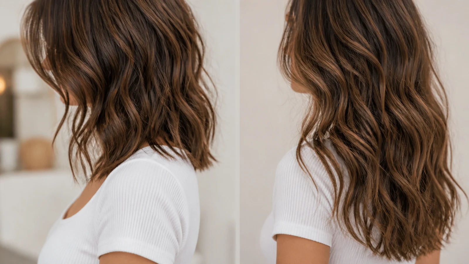 2B wavy hair compared at mid length with layers and long length showing the triangle shape