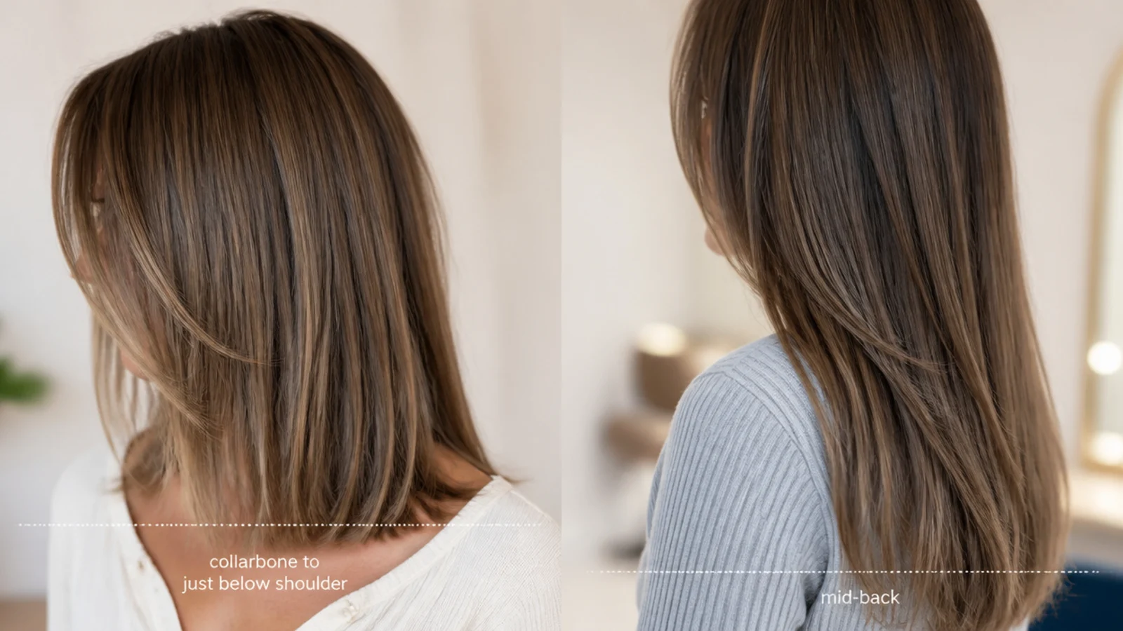 Straight fine hair compared at mid length and long length on unwashed third day hair