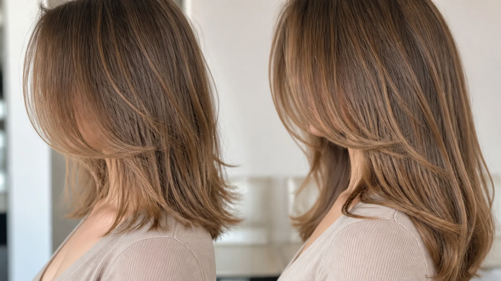 Morning routine compared, mid length haircut blow dry beside a longer full blowout