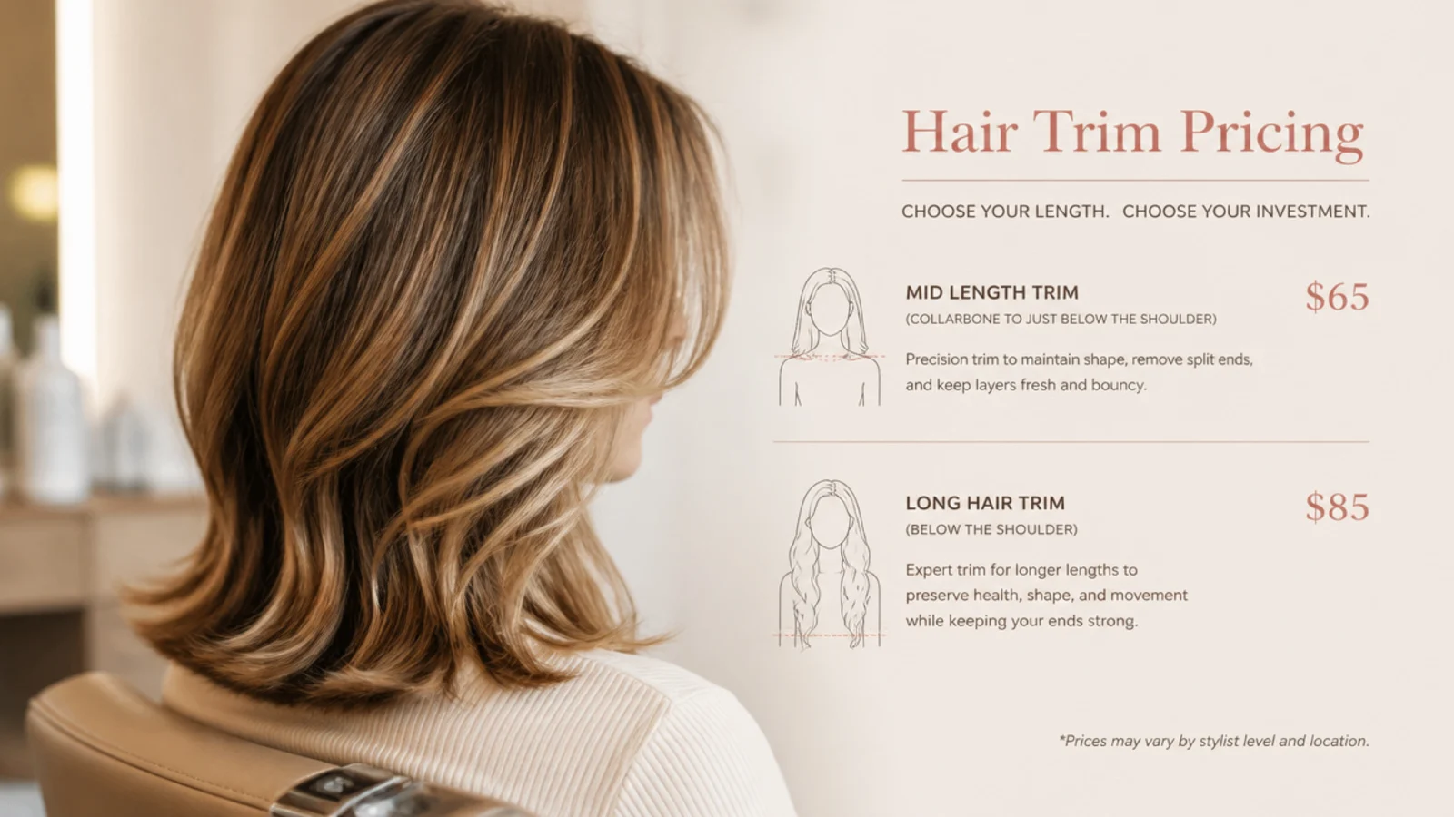 Salon chair and price comparison for mid length haircut trims versus long hair trims