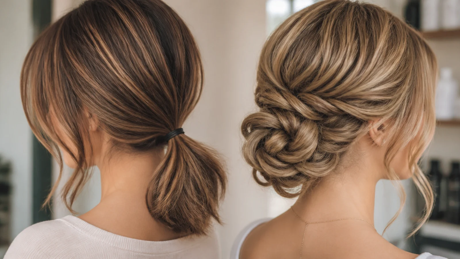 Low ponytail on a mid length haircut compared with a braided updo on long hair