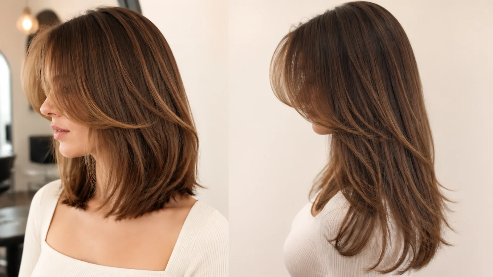 Curtain bangs compared on a collarbone mid length haircut and on long mid back hair