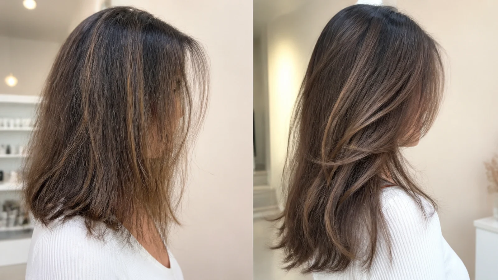 Humid weather frizz compared on a mid length haircut and on long layered hair