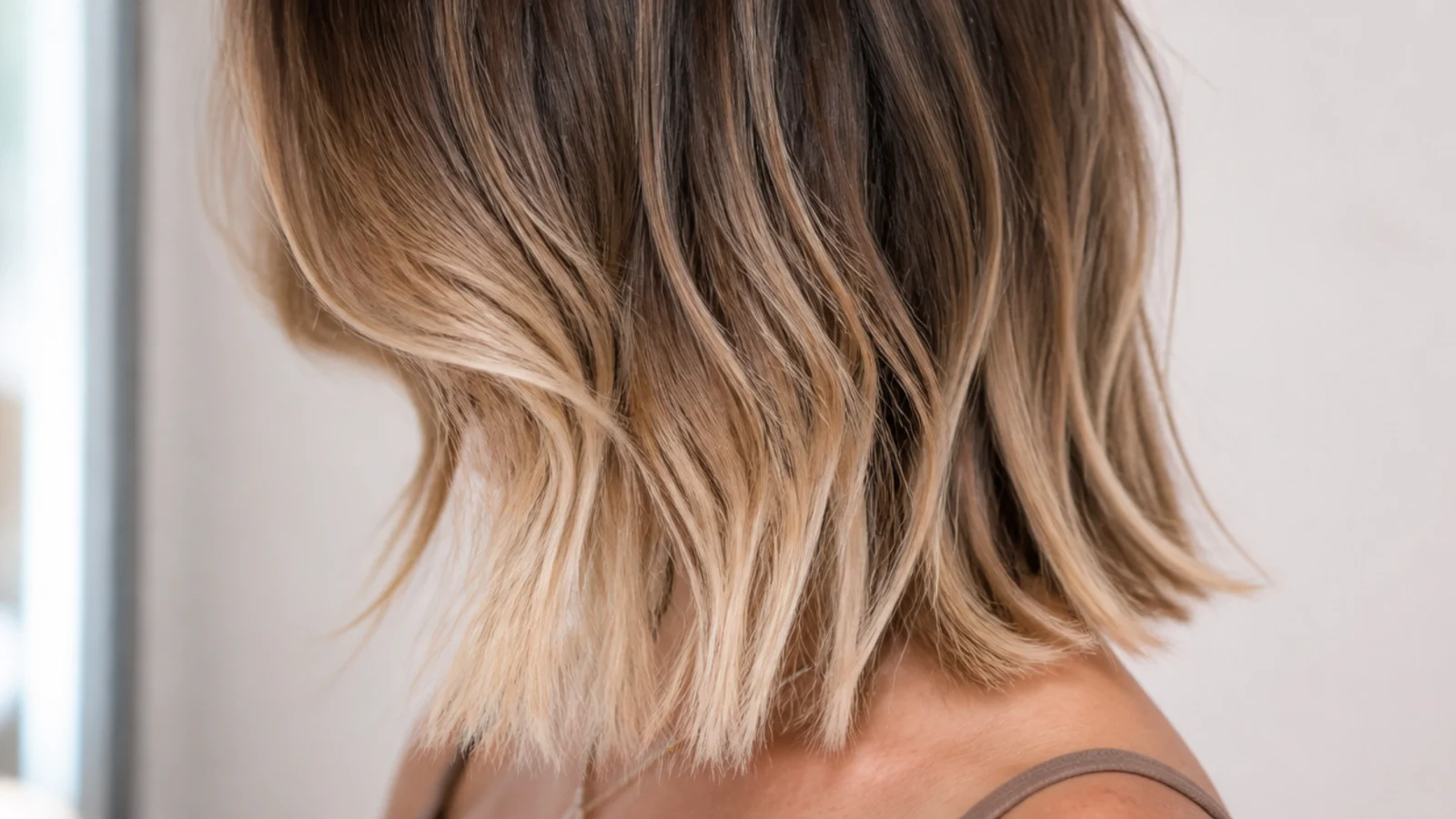 Bleached balayage ends compared at mid length haircut and long hair showing damage line
