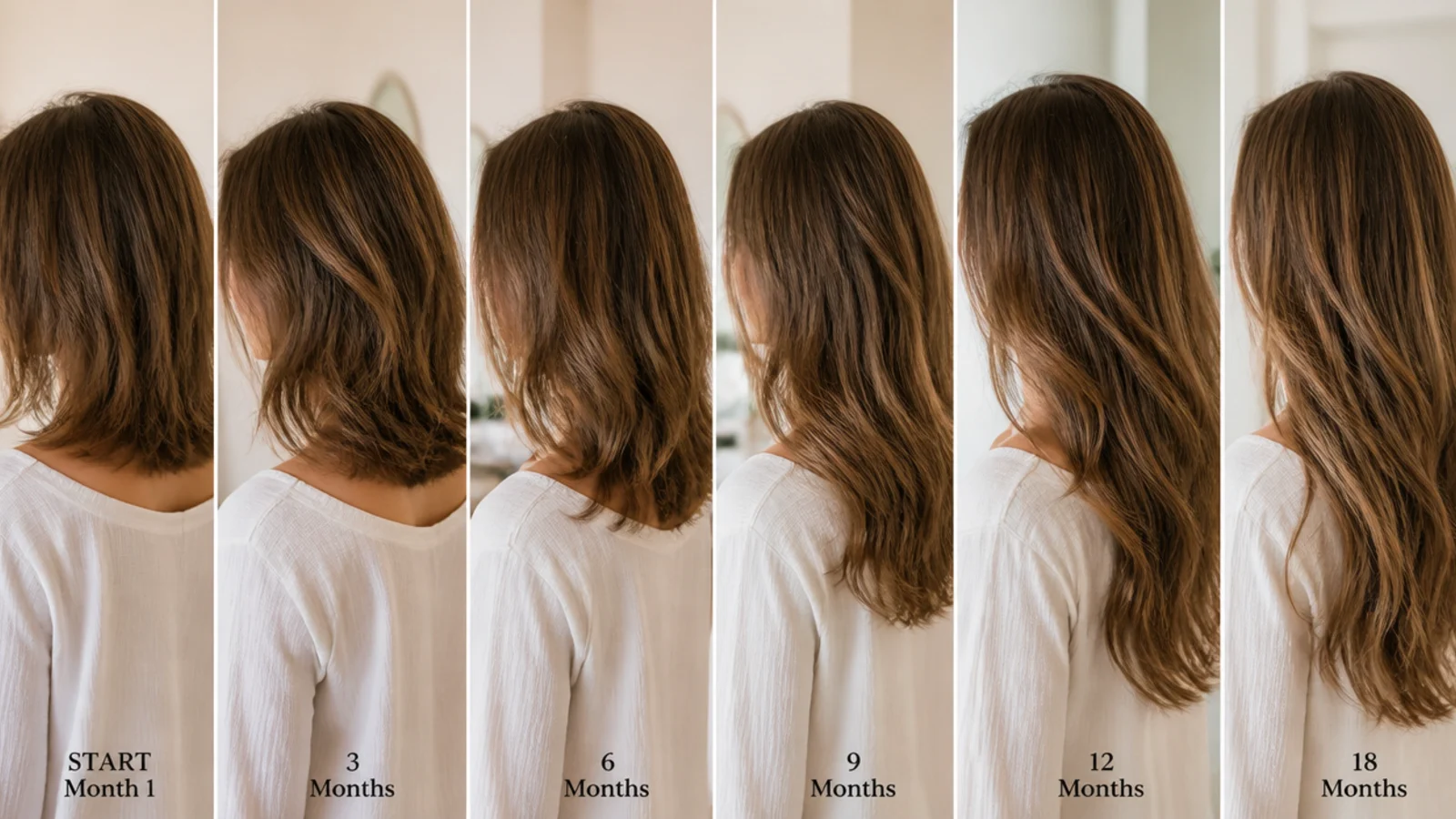 Timeline comparison showing mid length haircut growing back to long hair over eighteen months