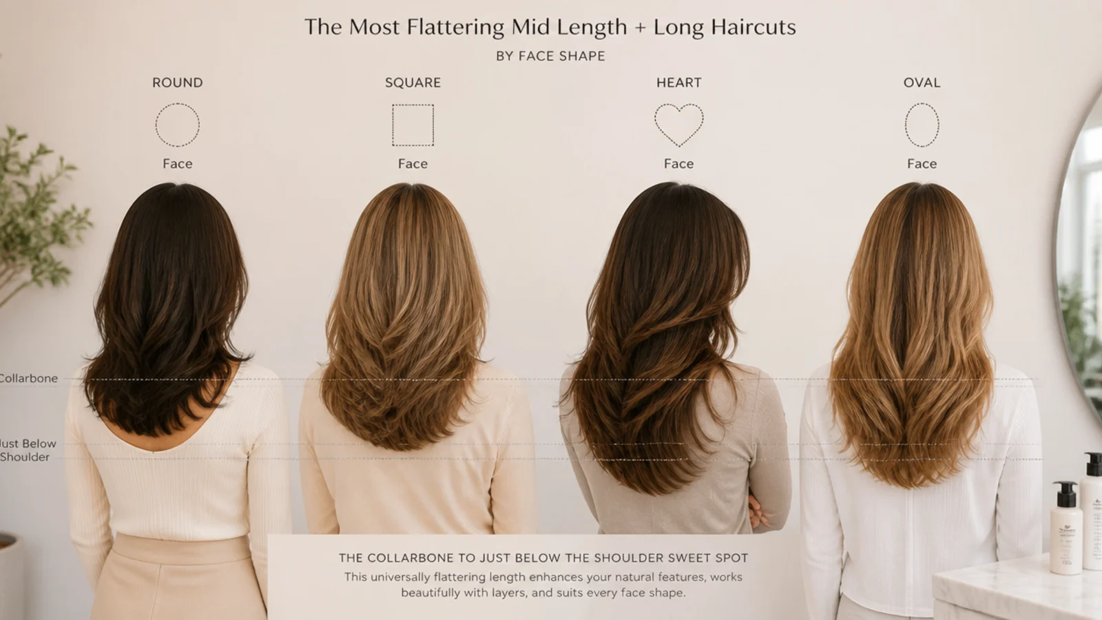 Round, square, heart and oval face shapes compared with mid length and long haircuts