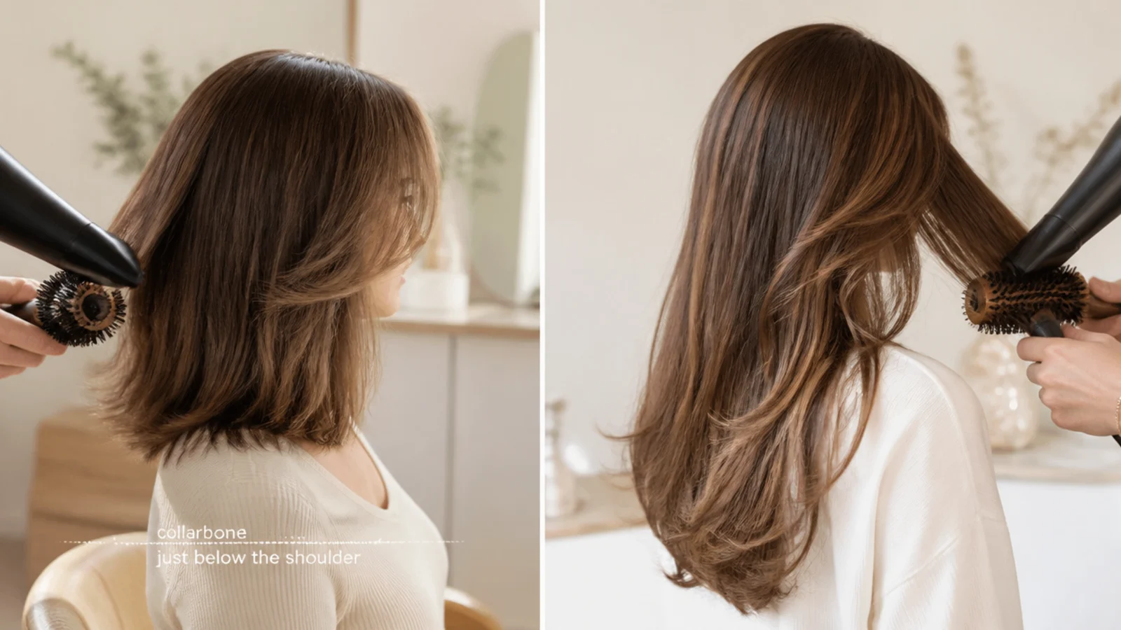 Round brush blow dry on a mid length haircut compared with a long hair blowout in progress