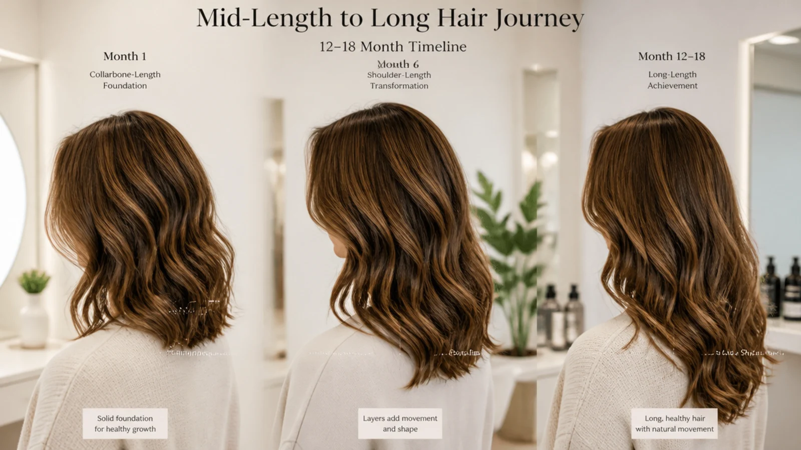 Grow out timeline showing a mid length haircut reaching long hair over twelve to eighteen months