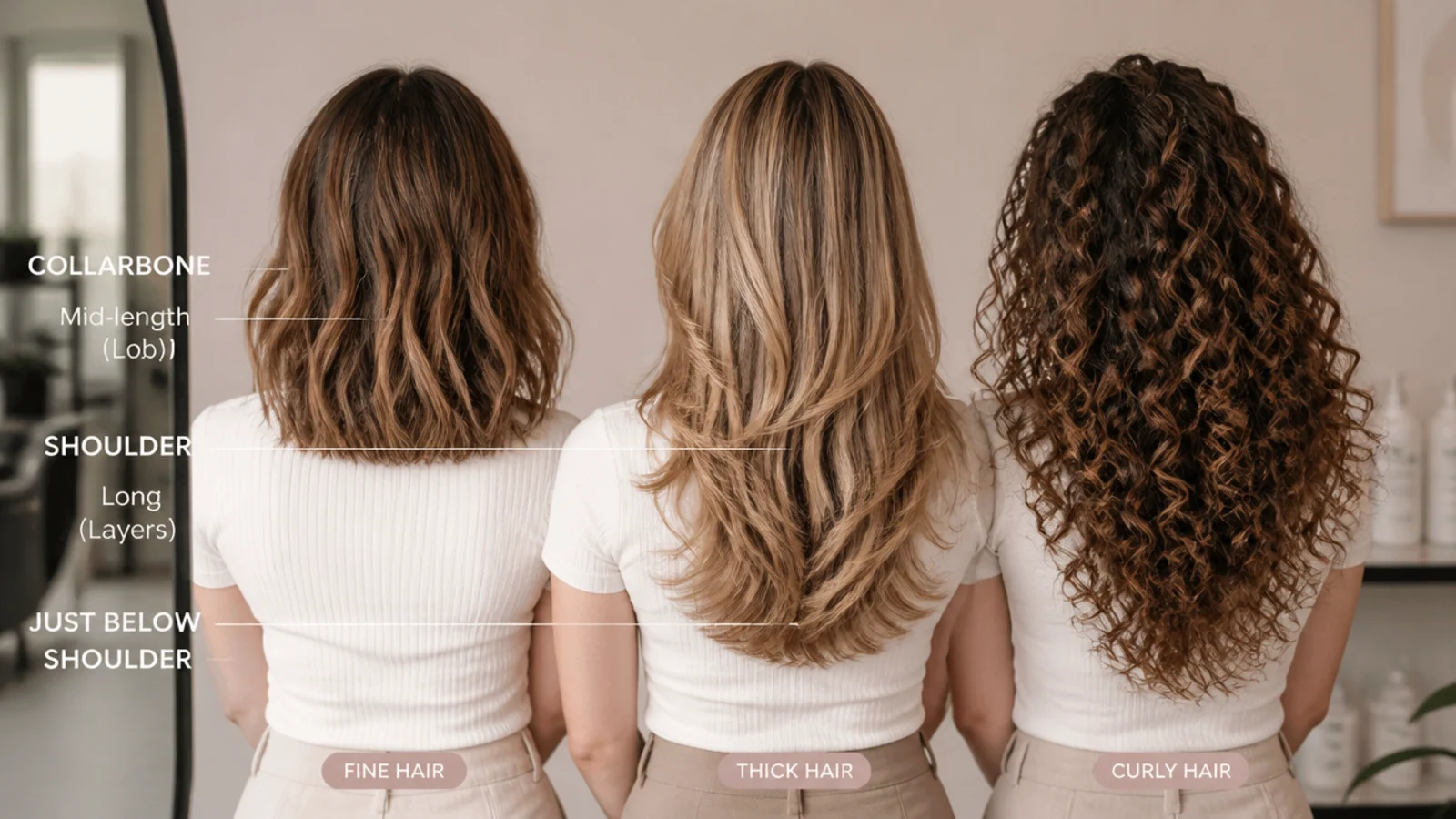 Fine, thick and curly hair compared at mid length haircut and long haircut lengths