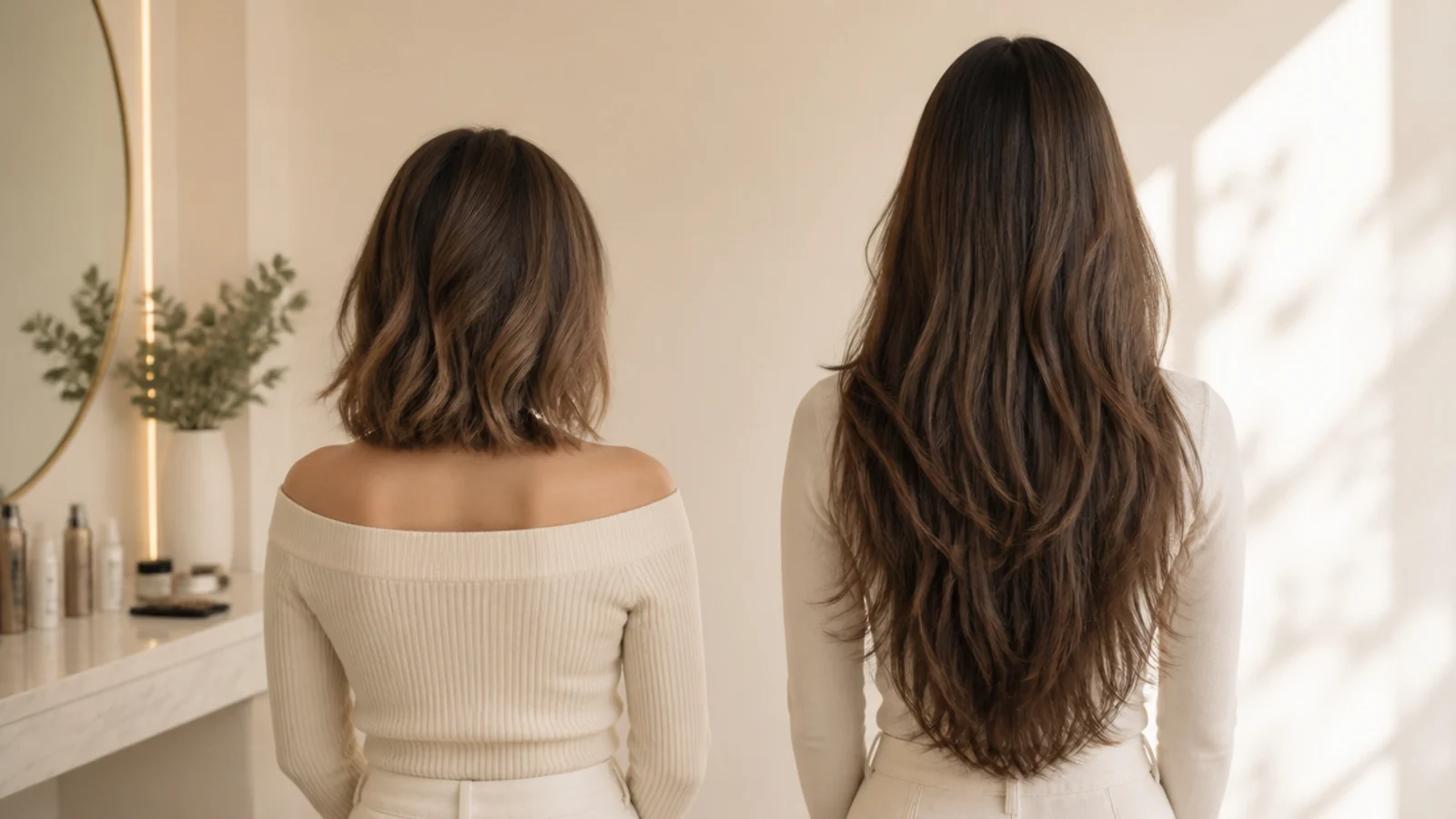 Mid length vs long haircut compared side by side, collarbone length cut beside waist length layers