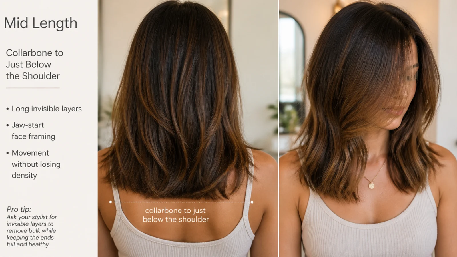Mid length haircut with long invisible layers and jaw-start face framing shown from the front