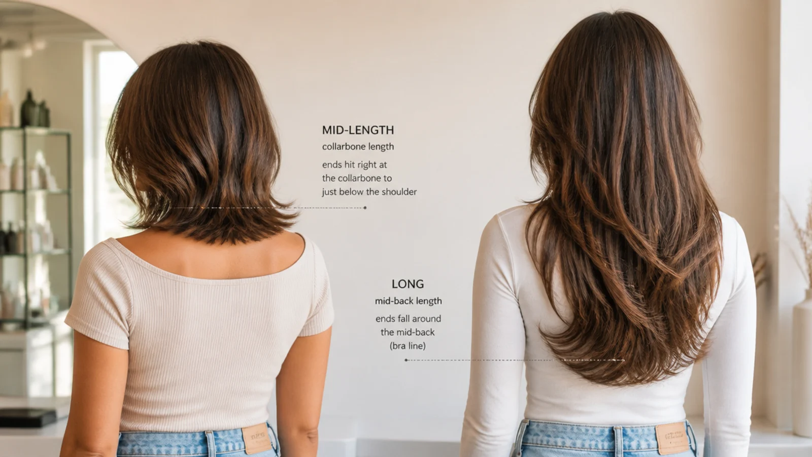 Hair length chart showing mid length haircut at the collarbone versus long hair at mid back