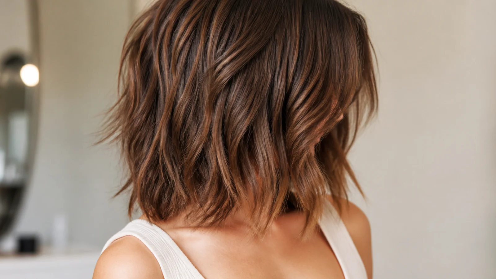 Shaggy mid length haircut at collarbone length with curtain bangs parted in the center and choppy crown layers