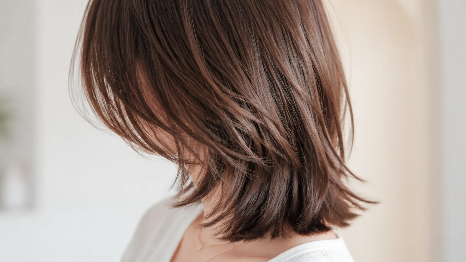 Soft shaggy mid length haircut on fine straight hair with two long layers and a dense blunt perimeter
