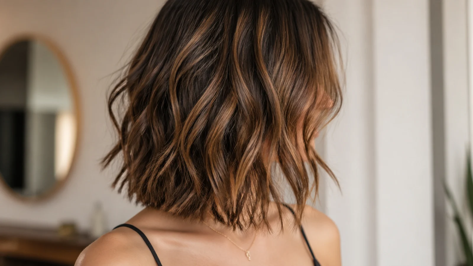Shaggy mid length haircut styled as a textured lob just above the collarbone with blunt ends and soft crown layers