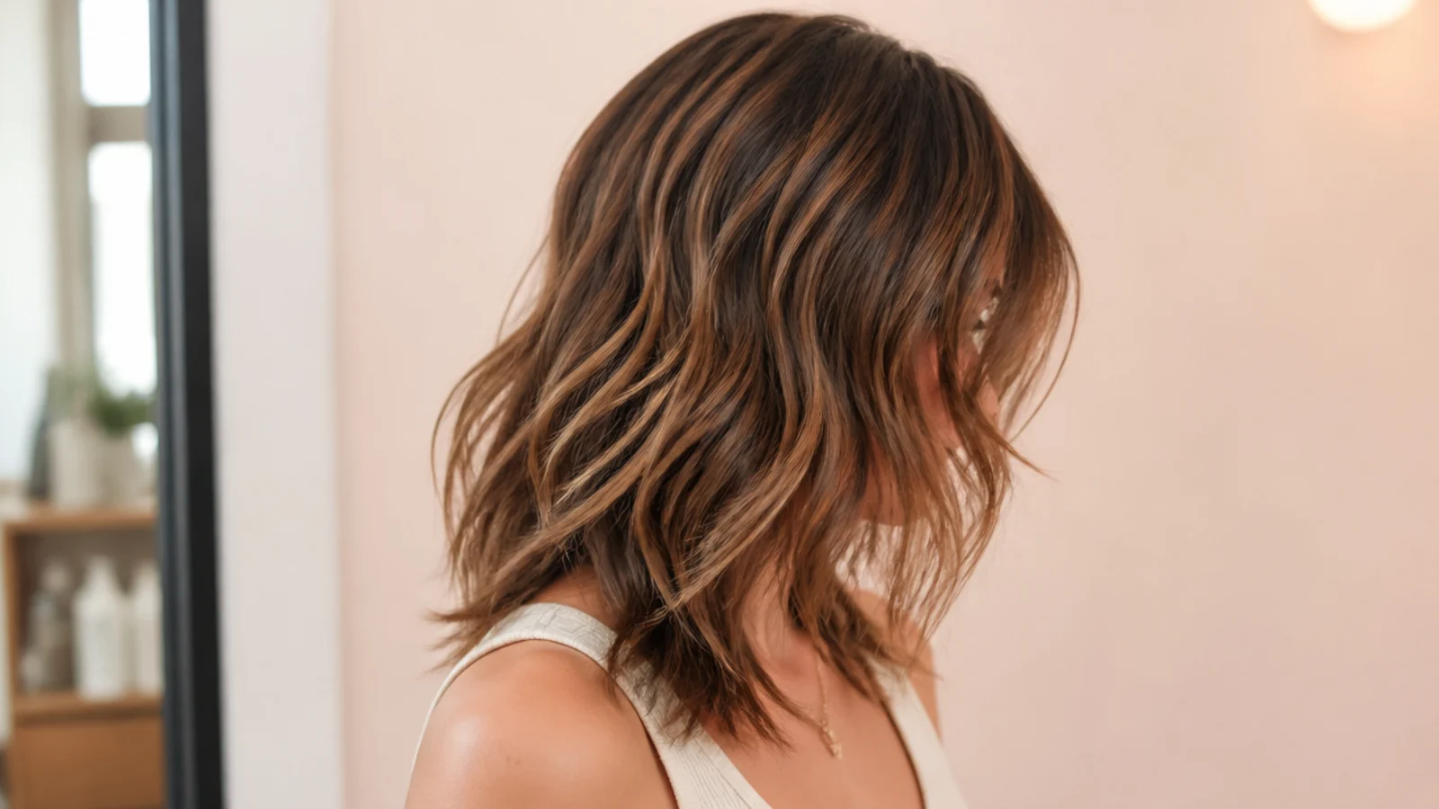 Wavy shaggy mid length haircut on 2B hair with S-shaped waves, choppy layers and piecey air-dried ends