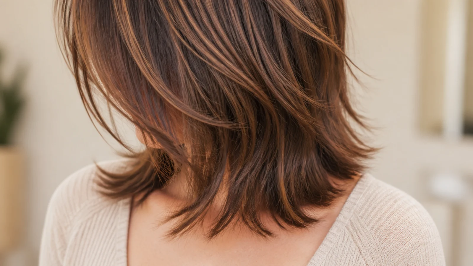 Shaggy mid length haircut on thick hair with internal weight removal and layers stacked from the chin down