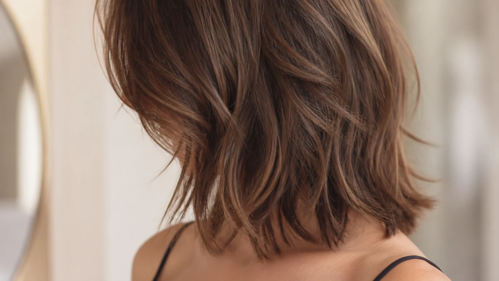Shaggy mid length haircut with bottleneck bangs shorter in the center and longer at the sides