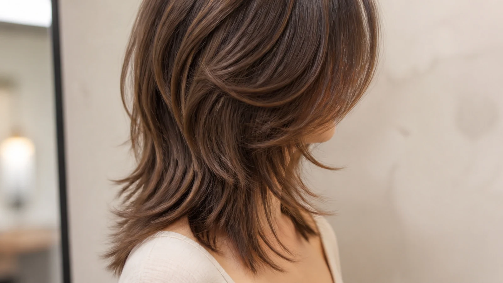 Wolf cut style shaggy mid length haircut on a round face with disconnected crown layers and long face-framing