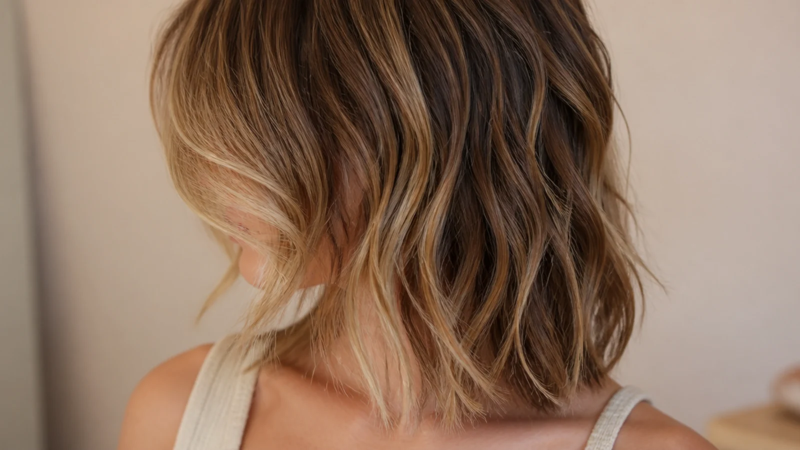 Boho shaggy mid length haircut with face-framing layers starting at the jaw and lived-in beachy texture