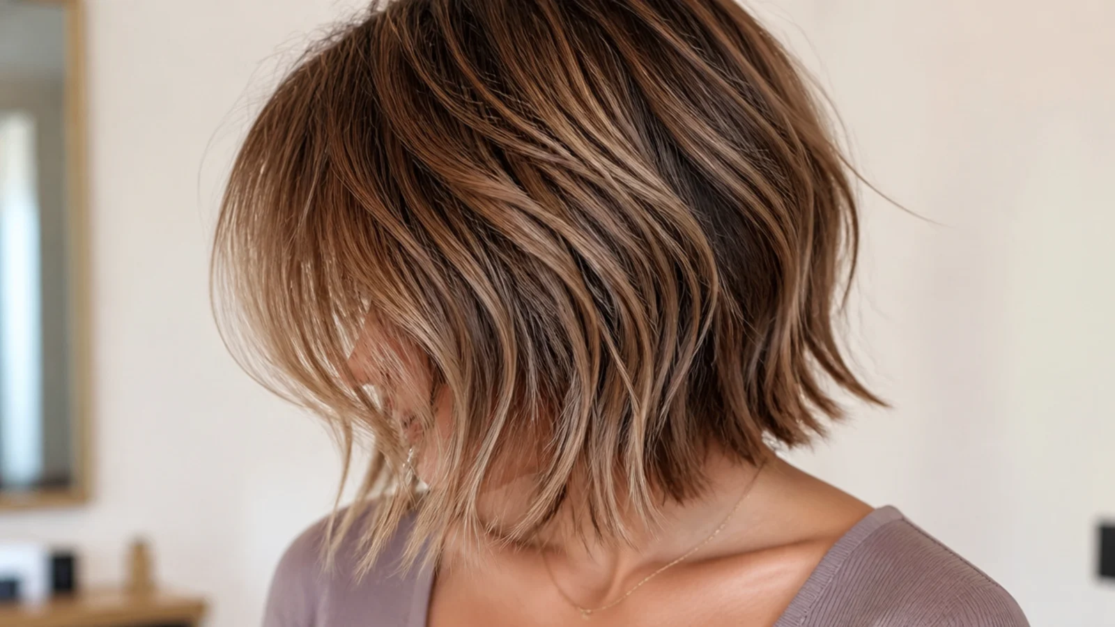 Shaggy mid length bob ending just above the collarbone with choppy ends and short crown layers