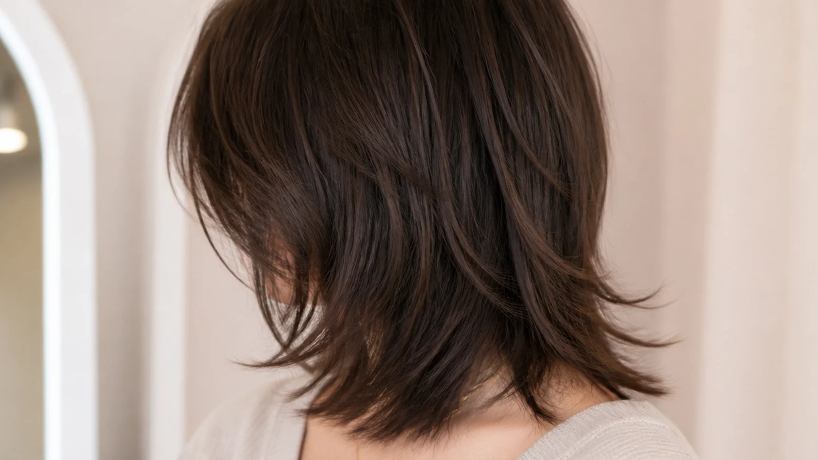 Razored shaggy mid length haircut on coarse straight hair with feathered tapered ends and soft layers