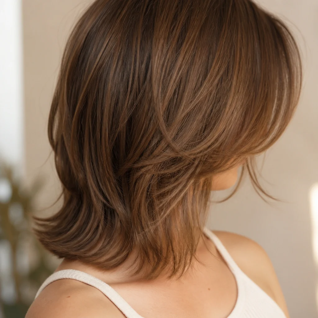 Shaggy mid length haircut for a square face with curved face-framing crossing the jawline and soft layers