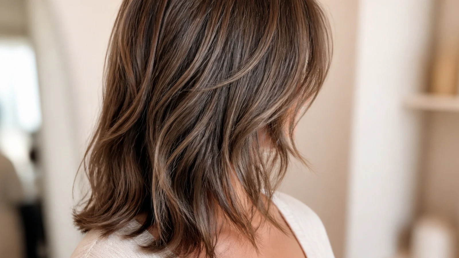 Grown out shaggy mid length haircut with long invisible layers and no visible step between lengths