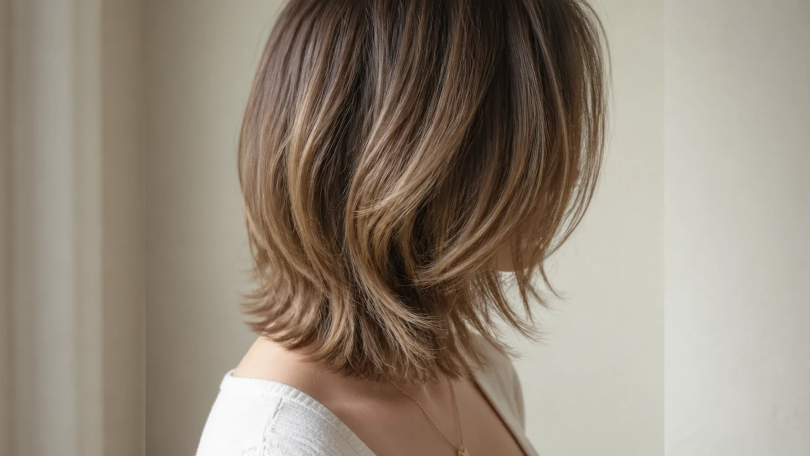 Shaggy mid length haircut with a center part, balanced crown layers and even face-framing on both sides