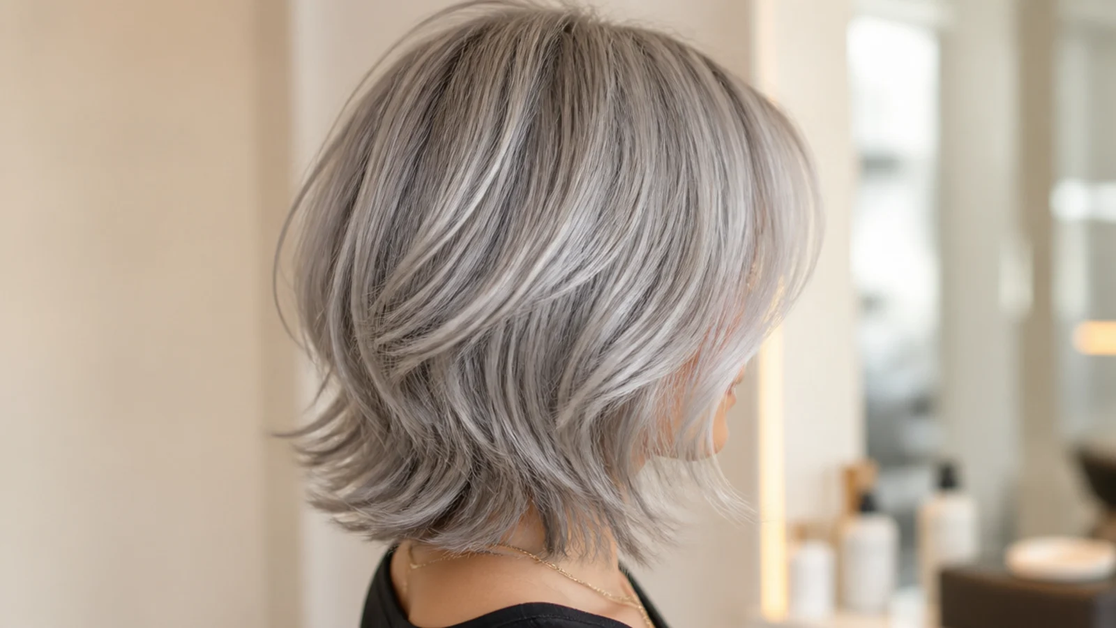 Shaggy mid length haircut on silver gray hair with soft crown layers and jaw-length face-framing