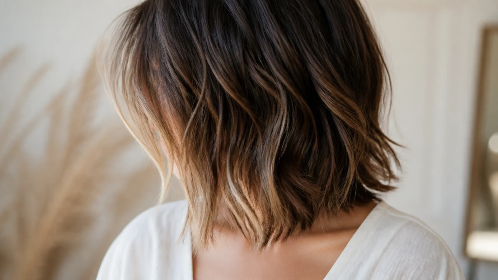 Choppy shaggy mid length haircut with a lightened money piece framing the face and heavily textured ends