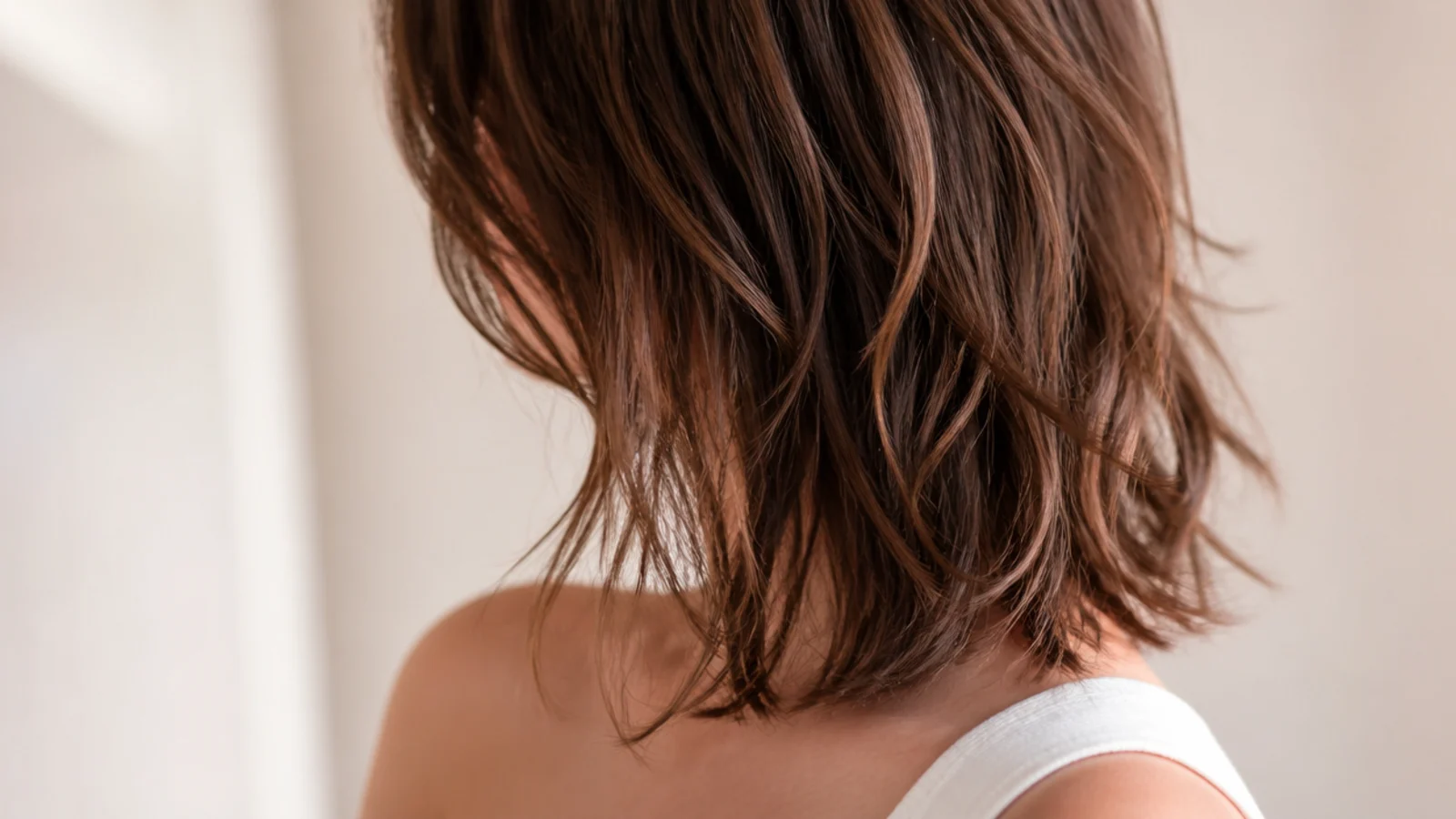 Air-dried shaggy mid length haircut with mousse-set texture, natural bend and separated ends