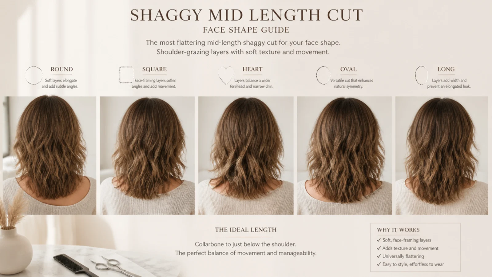 Shaggy mid length haircut face shape guide for round, square, heart, oval and long faces