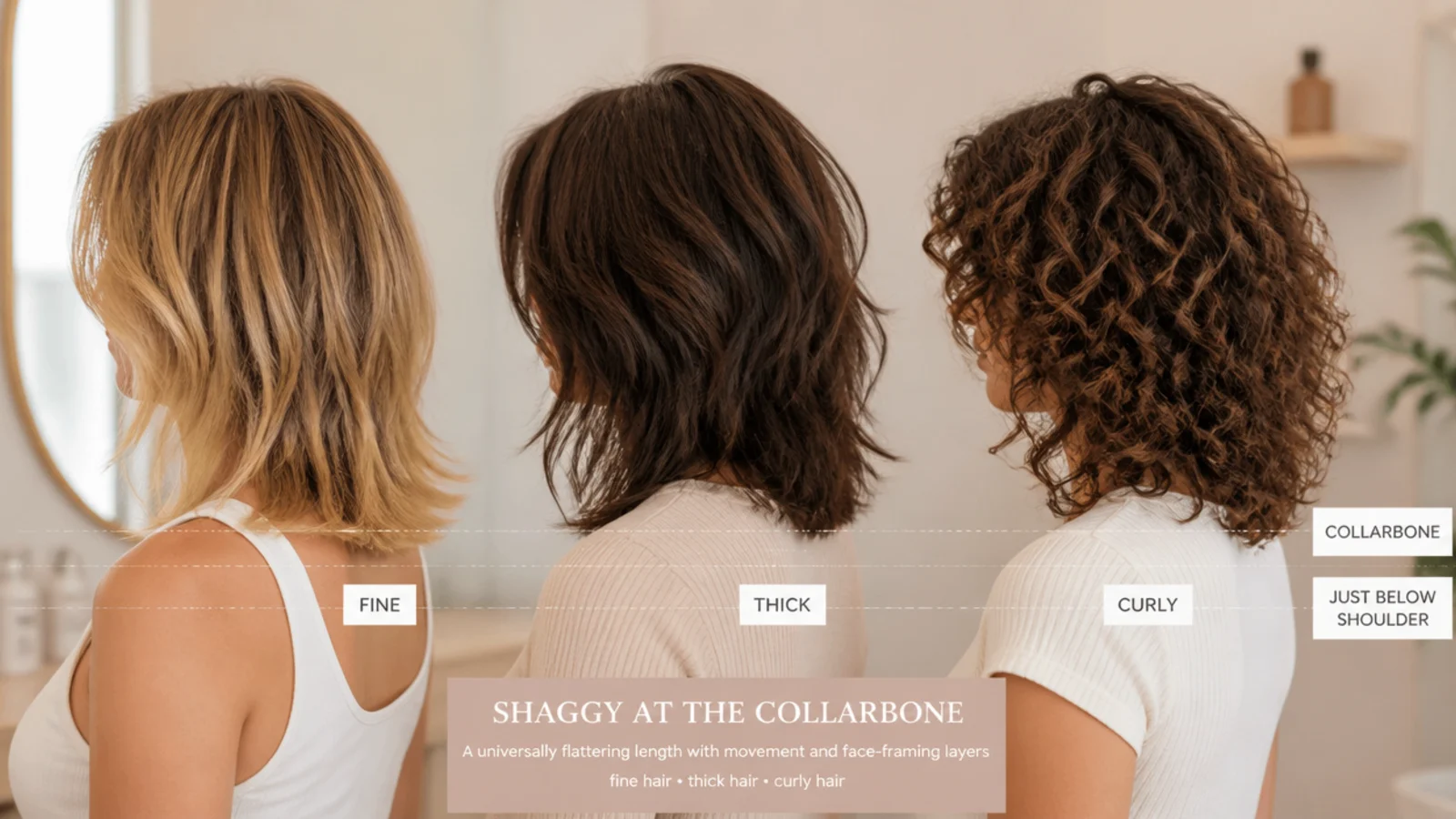 Shaggy mid length haircut compared on fine, thick and curly hair at collarbone length
